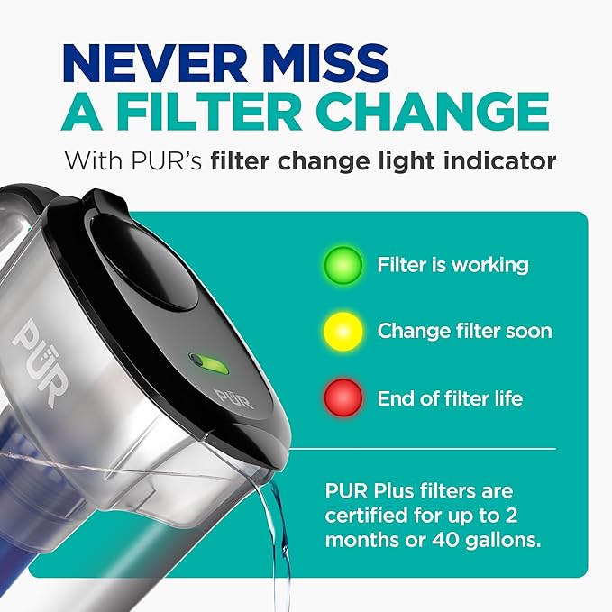 PUR Plus 7-Cup Water Filter Pitcher, Cleaner, Great-Tasting Water, Dishwasher Safe, Powerful, Lead-Reducing Filtration, LockFit Cap Design, Smoke