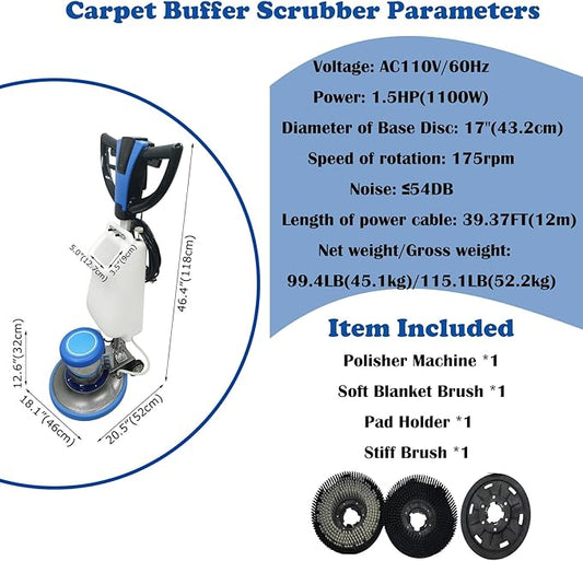 Floor Polisher Scrubbing Machine Commercial Floor Polisher 17'' Floor Scrubber Buffer Multifunctional Carpet Cleaner Heavy Duty Polisher Machine with Three Brushes 110V 1.5HP