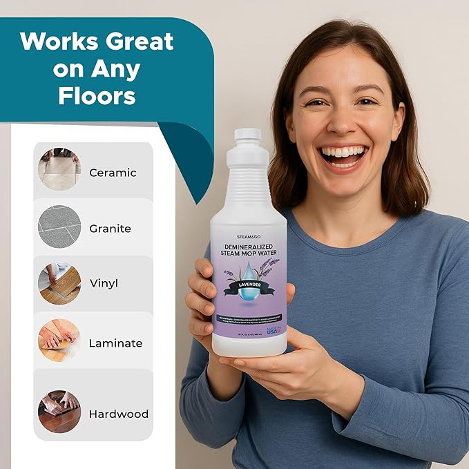Steam & Go Demineralized Water for Steam Cleaner - PVC-Free Floor Cleaning Solution Compatible for All Steam Mops - Multi-Surface Cleaner for Home Surfaces - Lavender Scent, 32 oz