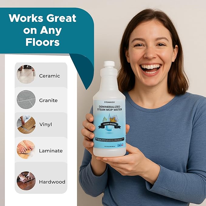 Steam & Go Demineralized Water - Multi-Surface Cleaner, PVC-Free Ready-to-Use for Mops & Floor Steamers - Ideal for Kitchen, Bathroom, & Home Surfaces - Clean Ocean Scent - 32oz (Pack of 12)