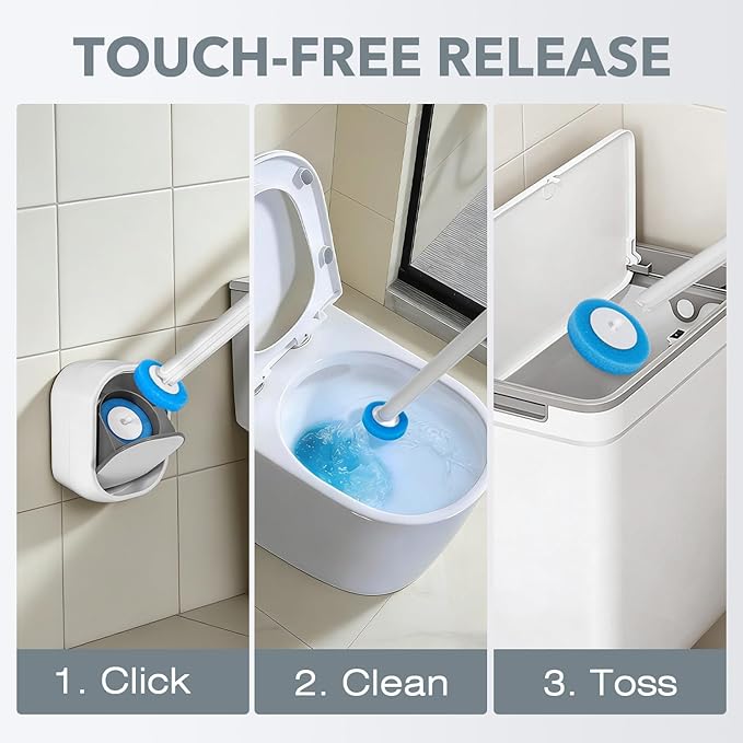 2-Pack Disposable Toilet Brush & Wand Kit, Wall-Mounted Auto-Closing Caddies with 60 Refills, Deep Cleaning System with Pre-Loaded Scrubber for Rust & Hard Water - Mess-Free Modern Design