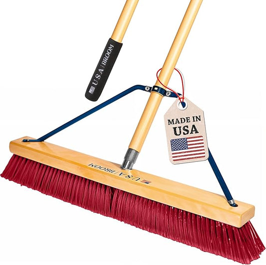 24" Everyday Sweep Indoor/Outdoor Push Broom with 60" Handle. Ideal for Garages & Shops. Durable American Made Steel Brackets-All Stainless Steel Hardware. No Plastic. 100% Made in The USA.