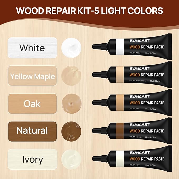 Wood Furniture Repair Kit, Wood Touch up Fillers, Repair Scratches, Cracks, Paint Chips, and Nail Holes on Furniture, Floors, Doors, Cabinets, and Tables (5 Light Colors)