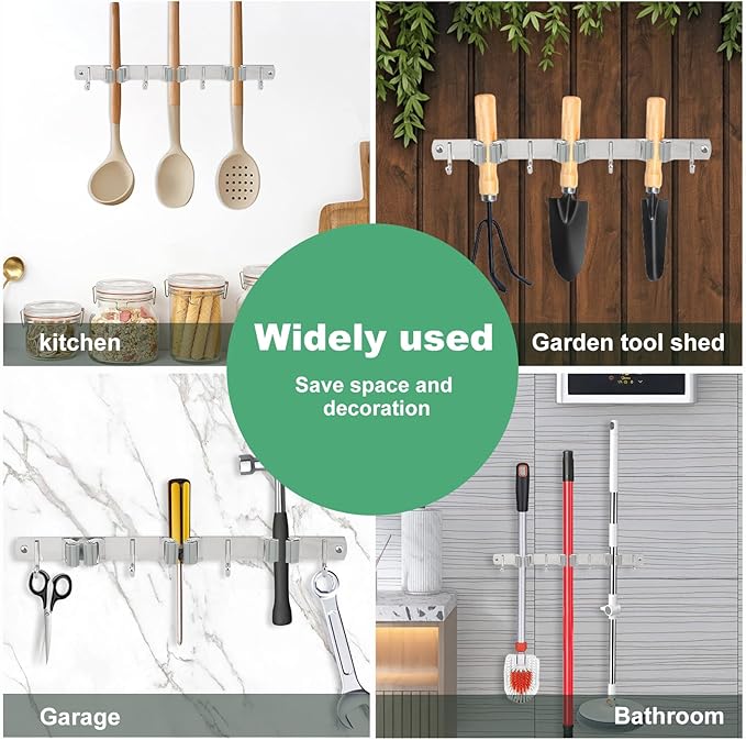 3 Pack Broom Holder Wall Mount 3 Racks 4 Hooks Stainless Steel Broom Mop Holder Anti Slip Storage Rack Strong Load Bearing Waterproof Broom and Mop Organizer Wall Hanging for Bathroom Kitchen Garage
