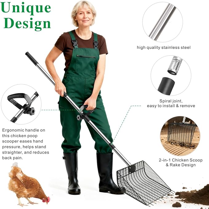 Chicken Poop Scooper & Rake 2-in-1, Otunrues Pooper Scoopers 25" to 67" Large Metal Stainless Steel Chicken Litter Scoop with Handle for Farm Pet Waste Cleaning Sifting Litter Shovel