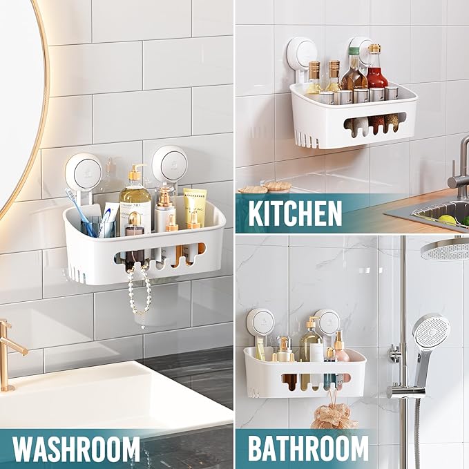 TAILI Shower Caddy Suction Cup 2 Pack, Heavy Duty Bathroom Organizer, Removable Shelves for Inside Shower, Shampoo, Waterproof Suction Plastic Storage for Bathroom Accessories Holder, White