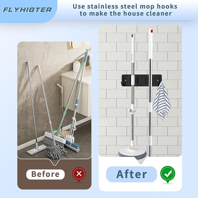 Broom and Mop Holder Wall Mounted, Heavy-Duty Stainless Steel Storage Rack with 2 Racks & 2 Hooks,Broom Organizer for Kitchen,Bathroom,Garage,Garden（BLACK
