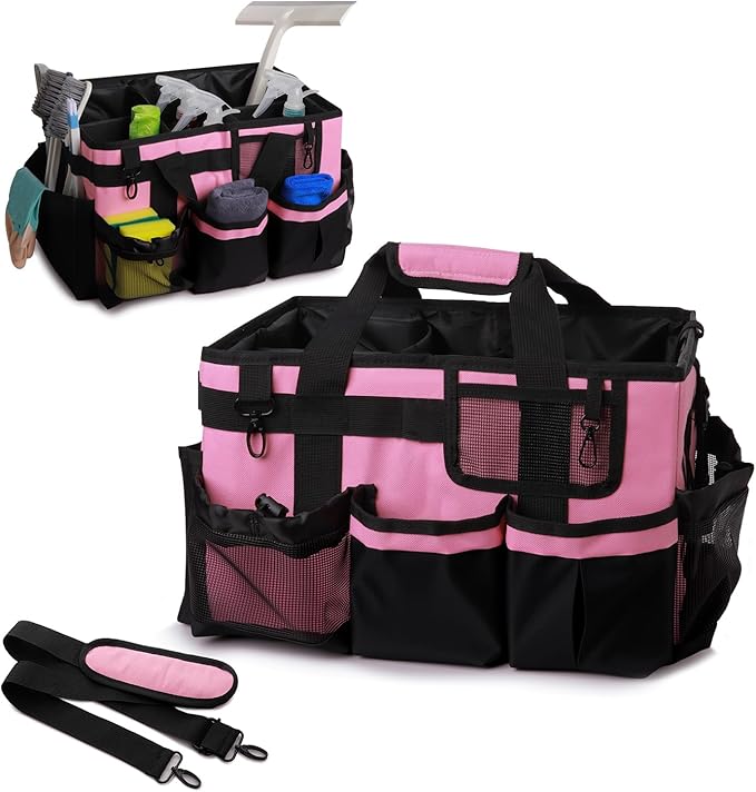 Large Cleaning Caddy Tote Bag with 4 Foldable Dividers Sturdy Support Board, Waterproof Cleaning Tools Organizer with Adjustable Shoulder Strap Waist Belt for Housekeepers, Cleaners Professional Use