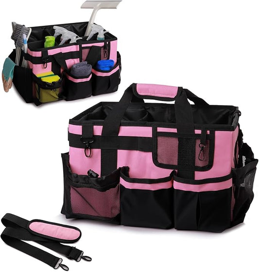Large Cleaning Caddy Tote Bag with 4 Foldable Dividers Sturdy Support Board, Waterproof Cleaning Tools Organizer with Adjustable Shoulder Strap Waist Belt for Housekeepers, Cleaners Professional Use