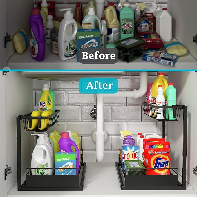 REALINN Under Sink Organizer, 2 Pack Height Adjustable Kitchen Organizers and Storage, 2 Tier Pull Out Sliding Cabinet Storage, Multi-Use for Kitchen Bathroom Cabinet