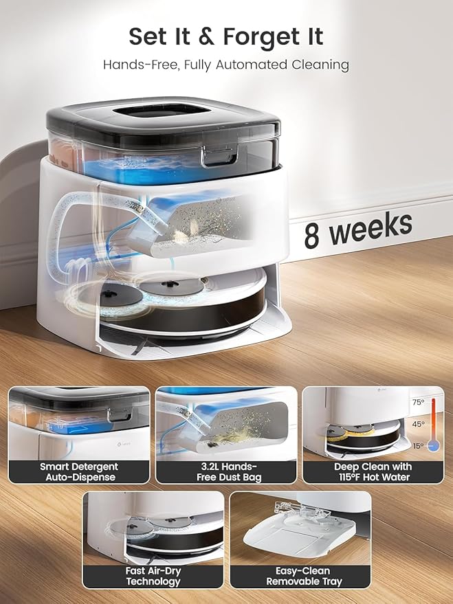 Lefant LiDAR Robot Vacuum and Mop, 15000Pa Suction, 90-Day Self-Emptying, Obstacle Avoidance, Auto Mop Washing&Drying, All-in-One for Pet Hair Carpet, 5G WiFi Alexa/APP/iWatch Control, M3