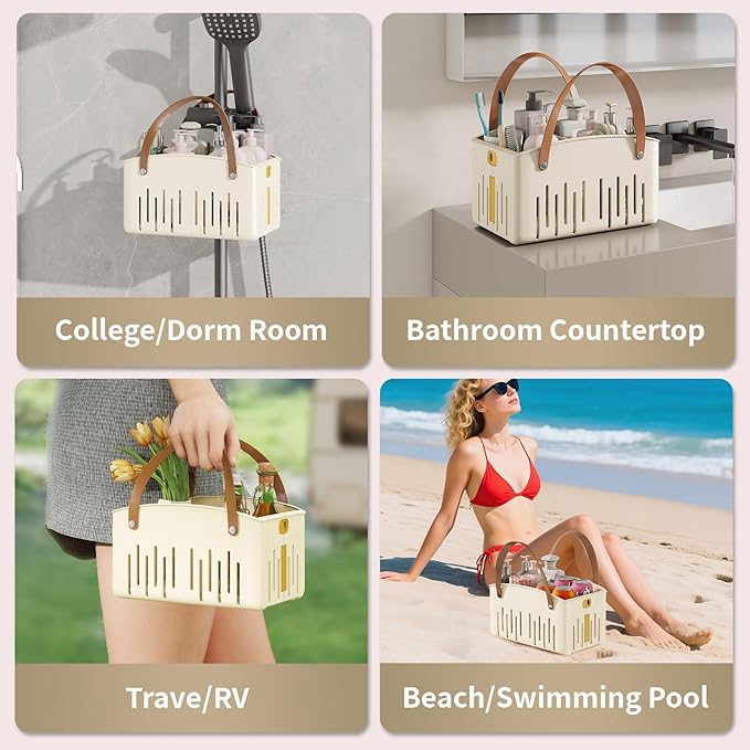 Portable Shower Caddy,Foldable Shower Caddy with Handle and Adjustable Divider,Plastic Shower Storage Basket,Quick Dry Bathroom Shower Organizer Bin for College,Dorm Room,Travel Essentials(Cream)