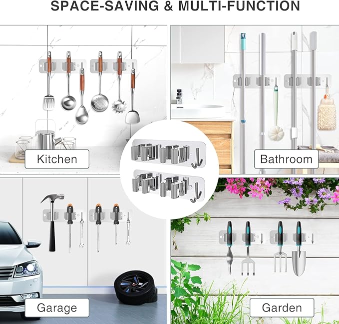 Wall Mount Mop and Broom Holder, Heavy Duty Stainless Steel Organizer Rack with Hooks | 2-Pack, 2-in-1 No Drill & Screw Installation, Silver