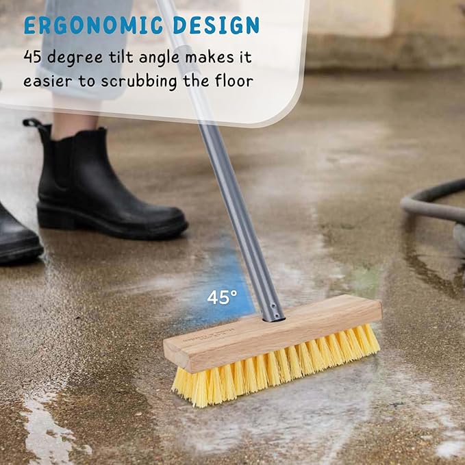 Floor Scrubber Brush with Long Handle for Deck Cleaning, 52'' Stiff Bristle Scrub Broom for Shower, Bathroom, Boat, Concrete, Carpet, Garage