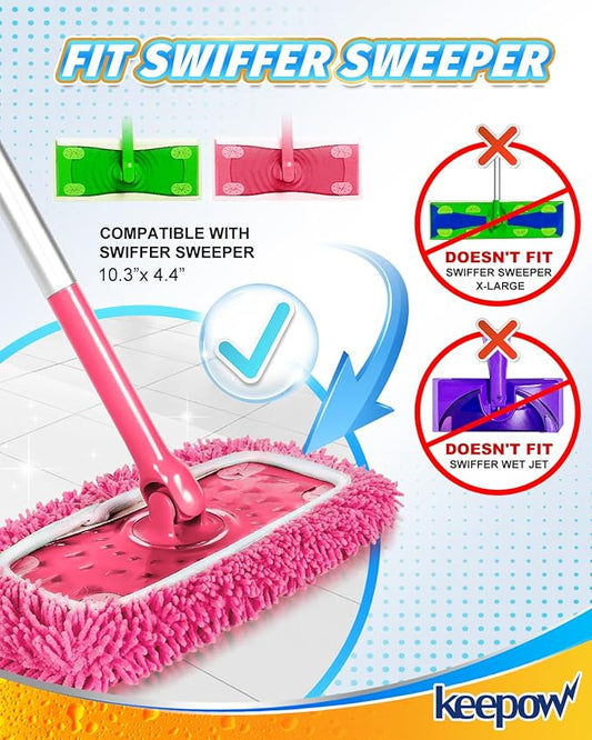 KEEPOW Pink Reusable Dry Sweeping Cloths Microfiber Wet Mop Pads Compatible with Swiffer Sweeper Mop Replacement Sweeping Mopping pad Refills for Hardwood Surface Floor Cleaning (6PCS)