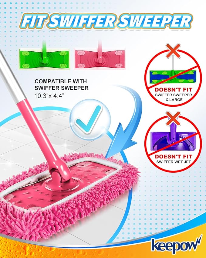 Reusable Microfiber Mop Pads Compatible with Swiffer Pink Sweeper- 2 Pack Pink Dry Sweeping Cloths & Wet Mopping Cloths - Washable Wet Pads Refill for Mopping Floors (Mop is not Included)