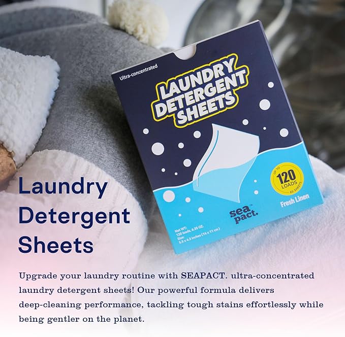 Laundry Detergent Sheets 120 Loads, Fresh Linen Scent, No Plastic No mess, Pre-Measured for Deep Clean Hypoallergenic, Space Saving, easy for Dorm House, Travel essentials, Quick Dissolve, 60 Ct