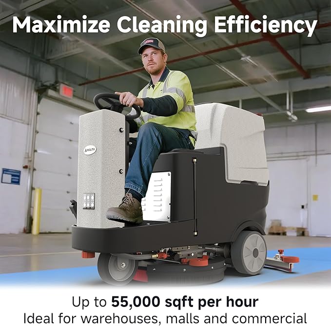 AF2225 Micro Ride-on Commercial Floor Scrubber, 25-Gal, 22" Brush, Up to 55000 ft²/h, Lithium Battery, Fast Charge, Industrial Riding Floor Cleaning Scrubber for Warehouse, Hospital, Garage