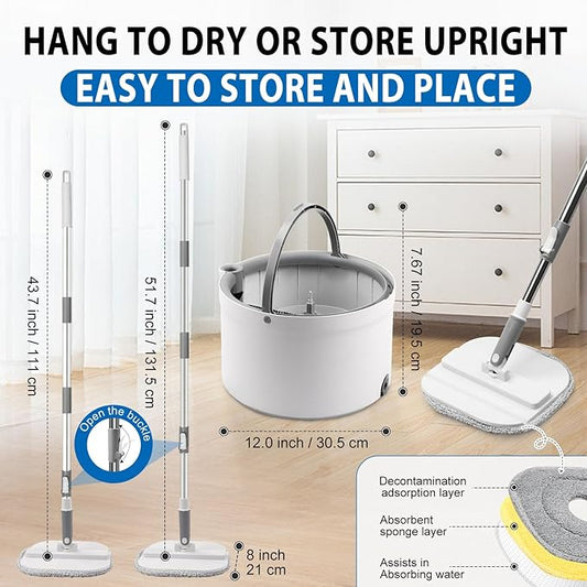 Spin Mop and Bucket with Wringer Set, 360° Spinning Mop Bucket with Separate Dirty and Clean Water System with 3 Microfiber Mop Pads and 52" Stainless Steel Adjustable Handle for Floor Wall Cleaning