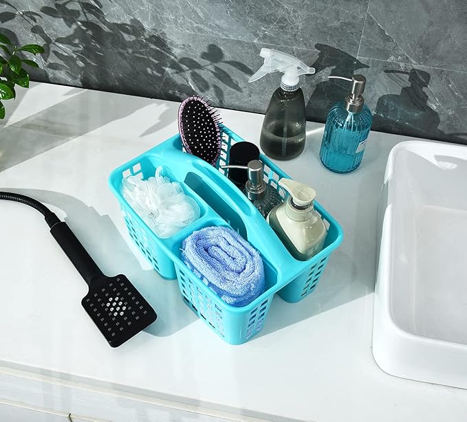 ALINK Plastic Shower Caddy Basket with Compartments, Portable Divided Cleaning Supply Storage Organizer with Handle for College Dorm Bathroom -Blue