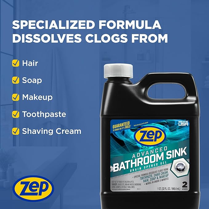 Zep Advanced Bathroom Sink Drain Opener Gel - 32 oz - U49310 - Formulated for Toothpaste, Shave Cream, Hair, Soap and Makeup (32 oz, 12)