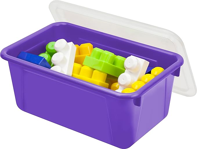 Storex Small Cubby Bins – Plastic Storage Containers for Classroom with Non-Snap Lid, 12.2 x 7.8 x 5.1 inches, Purple, (62411U05C) (Pack of 5)