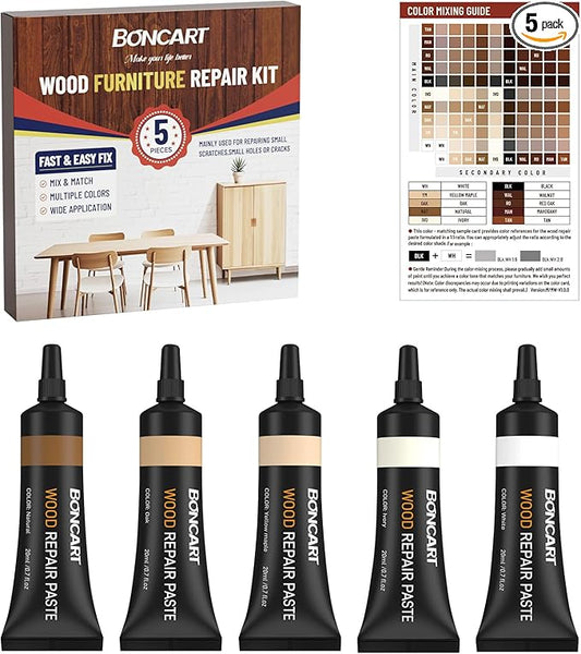 Wood Furniture Repair Kit, Wood Touch up Fillers, Repair Scratches, Cracks, Paint Chips, and Nail Holes on Furniture, Floors, Doors, Cabinets, and Tables (5 Light Colors)