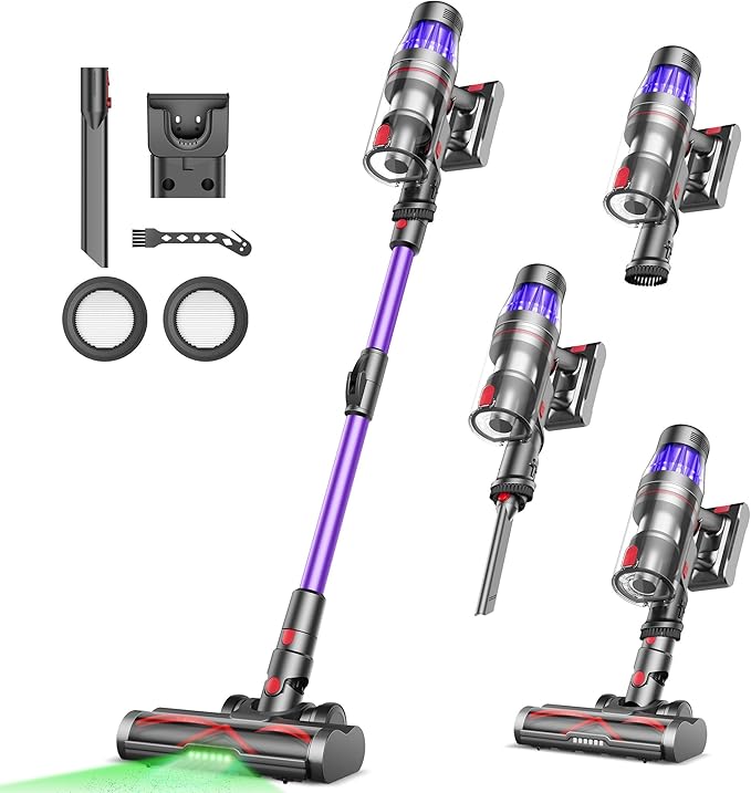 Ultenic Cordless Vacuum Cleaner, 550W/50Kpa, 60Mins Runtime, Stick Vacuum Cordless with 180°Bendable Wand, Anti-Tangle Brush, Vacuum Cleaners for Home/Pet Hair/Carpet/Floor (Purple)