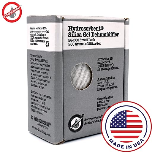 HYDROSORBENT® Silica Gel Dehumidifier (200gm - 1 Pack) - Silica Gel Packets w/Built-In Color Changing Indicator for Reactivation - Carton Moisture Absorbers for Food Storage - Desiccant Dehumidifier