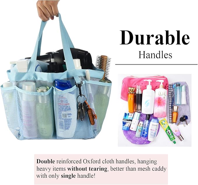 Haundry Mesh Shower Caddy Tote, Large Shower Caddy Bag for College Dorm Room Essentials, Bathroom Organizer with 8 Pockets for Beach Swimming Camp Gym