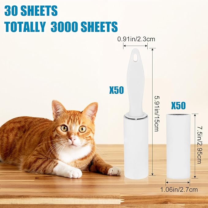 Hushee 50 Pack Mini Lint Rollers 3000 Sheets Travel Size Lint Roller Small Portable Remover for Couch Furniture Clothes Cat Hair Removal 5.9 x 1.1 Inches(White)