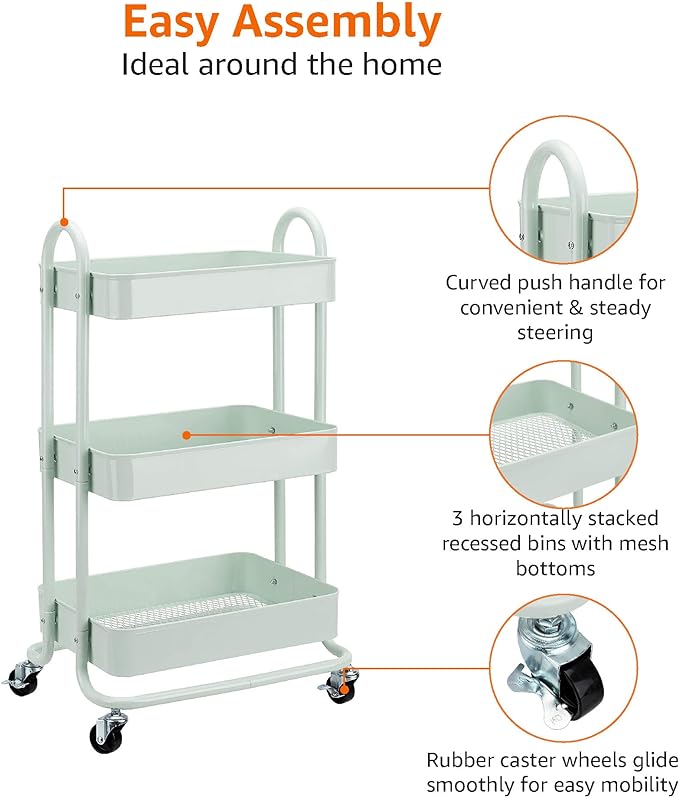 Amazon Basics 3-Tier Metal Rolling Utility or Kitchen Cart - Mint Green