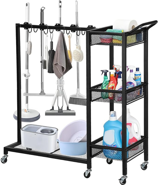 Broom Cart with Cleaning Supplie Organizer,Cleaning Cart with 8 Mop Hanger Gripper Rack Hooks 3-tier Storage Rack and 1 Large Shelf Cleaning Cart Organizer Suitable for Home and Commercial Use