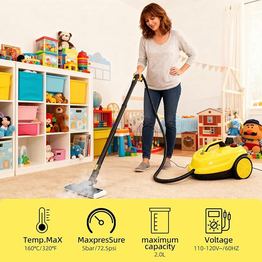Rolling Steam Cleaner for Floors & Cars, 1800W Portable Steam Cleaner with 2.0L Tank & 5m Cord,Multi-Scenario Cleaner for Home, Car, Kitchen, Bathroom, Tile, Grout, Carpet