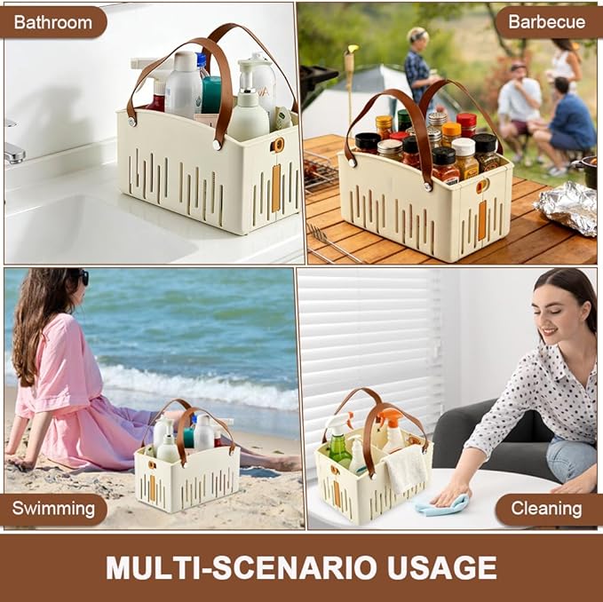 Portable Shower Caddy with Cleaning Sponge, Foldable Shower Storage Basket with Handle and Adjustable Divider, Quick Dry Bathroom Organizer Bin for Bathroom,Dorm,College,Camp,Travel(COLOR:Cream)