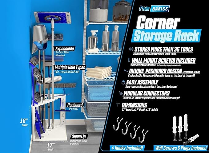 PeerBasics Corner Storage Rack, Home Tool Storage Organization, Up to 35 Tools like Mops Brooms Towels Dust Pan Squeegee, House Closet Garage Garden Yard Plus Pegboard, Polypropylene, Off White