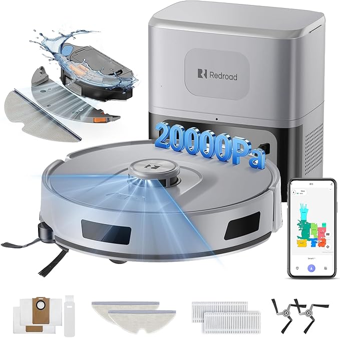 Redroad Robot Vacuum 20,000 Pa Robot Vacuum and Mop,90 Day Self Emptying Vacuum Robot,Lidar Navigation,5G/2.4GWiFi APP Aspirateur Robot,Self-Charging Robot Vacuums for Pet,Floor,Carpet Gray R11