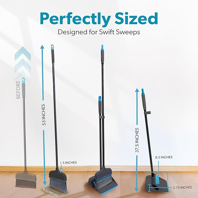 BLACK+DECKER Butler Broom & Dustpan Set - Short Handle, Stand-Up Design - Lightweight, Space-Saving Combo for Kitchen, Living Room, Bathroom, Lobby Floors - Home Cleaning Essential, Black/Blue