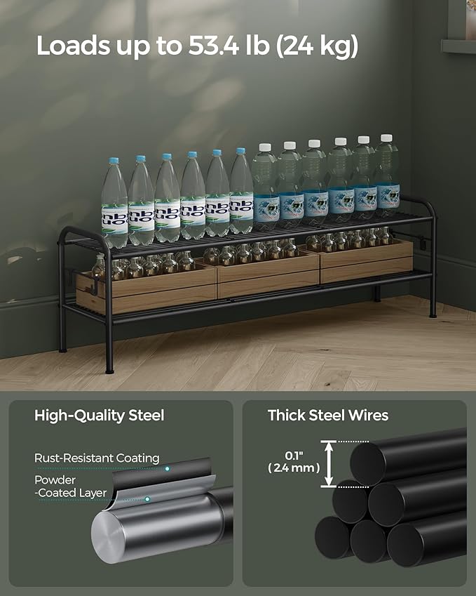 SONGMICS Shoe Rack, 2-Tier Shoe Organizer, Metal Shoe Shelf Storage with 4 Side Hooks, Holds 12 Pairs of Shoes, Height-Adjustable Shoe Rack for Entryway, Hallway, Closet, Easy Assembly, Ink Black