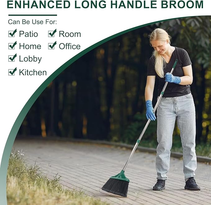 4 PCS Heavy Duty Broom Outdoor/Indoor Commercial Broom with 61" Long Handle,Perfect for Home Garage Kitchen Office Lobby Room Floor,Black and Green