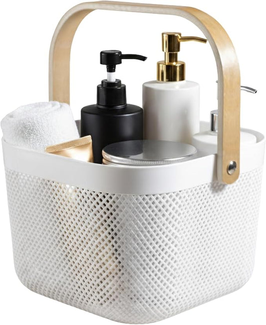 Shower Caddy Portable with Wooden Handle – Plastic Shower Caddy Dorm Basket for Bathroom Storage & Organization, College Essentials