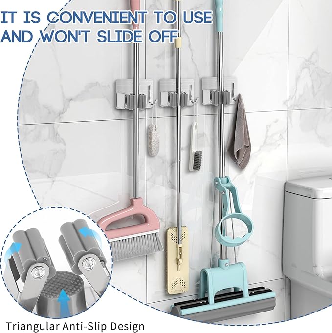 Mop Broom Holder Wall Mount, Stainless Steel, Rust Resistant, Heavy Duty, No Drill,Self-adhesive Broom Holder Wall Mount with Hooks 4Pcs for Bathroom, Kitchen, Garage, Nickel