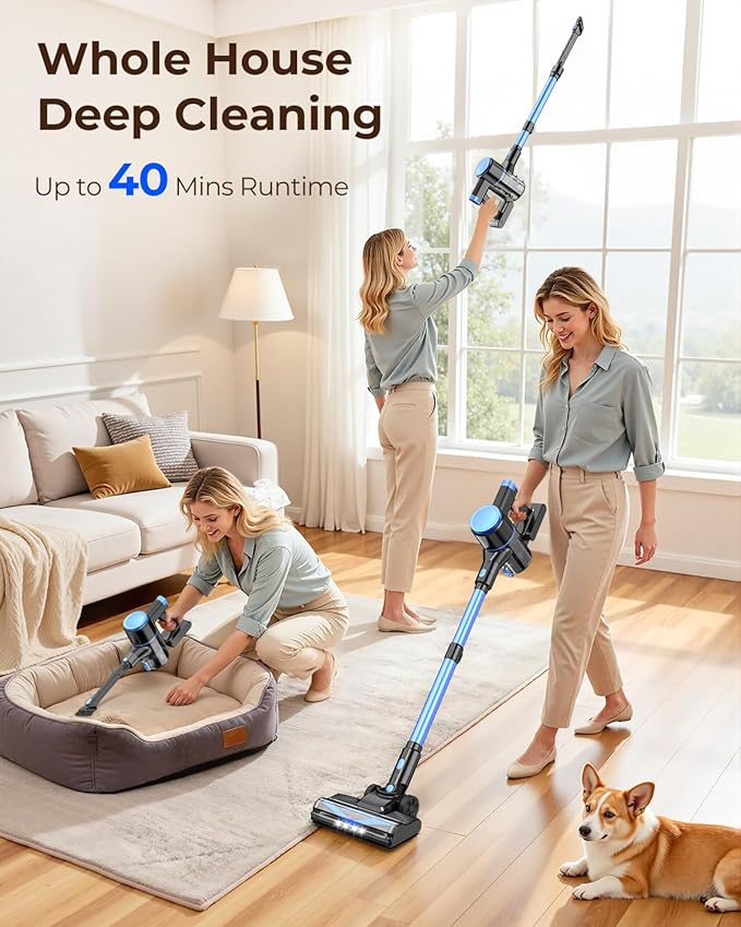 N8 Cordless Vacuum Cleaner, Lightweight Stick Vacuum with Powerful Suction,2200mAh Battery, 40 Mins Runtime, Self-Standing,Rechargeable Vacuum Cleaners for Home Hardwood Floor Carpet Pet Hair (Azure)
