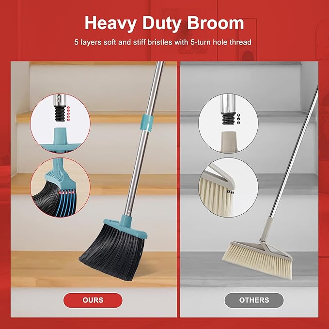 Upgrade Broom and Dustpan Set, Broom with Dustpan Combo Sets, Large Brooms and Dust Pan with Handle, Self-Cleaning Dust Pans, Heavy Duty Broom and Dustpans Set for Lobby Kitchen Office - Green