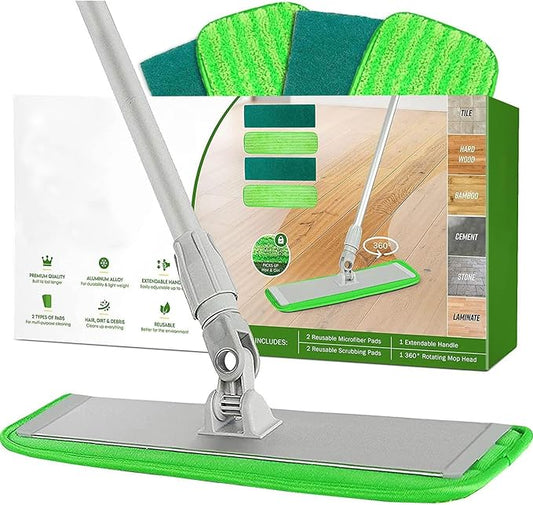 Mop Floor Cleaning System, 18-inch Dust Mop with 4 Reusable Pads for Hardwood and Tile, 360-Spin Floor Mop Head & Extendable Handle, Household Cleaning Tools