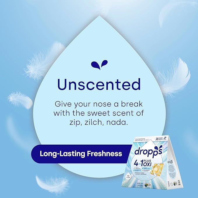 Dropps 4-in-1 Plus Oxi Free & Clear Power Biobased Laundry Detergent Pods, Unscented (76 Pods) - Chlorine-Free Bleach Alternative Biobased Laundry Whitener, Stain & Odor Remover