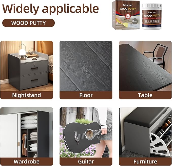 Wood Filler - Ebony, Paintable, Stainable, Sandable. Quickly Repair Holes, Cracks, Chips, Damage, and Scorched Wooden Furniture