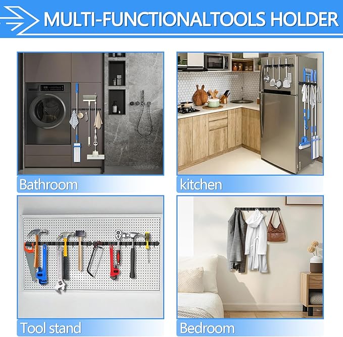 3-H Magnetic Broom Holder Wall Mount 2 Pack, 2-in-1 Dual Mount (No Drill or Screw Fix), 304 Stainless Steel Heavy Duty Magnet Mop Broom Organizer for Kitchen Garden Garage(4 Racks & 5 Hooks,Black)