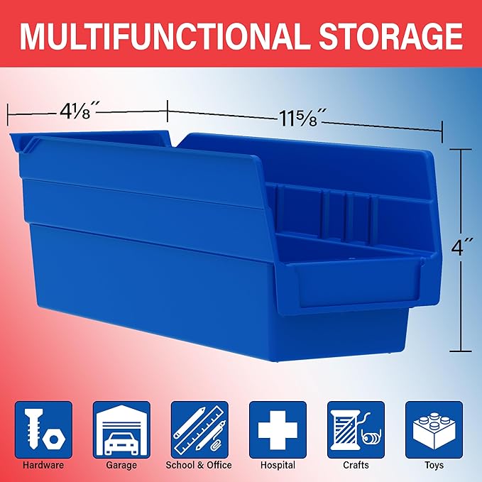 Akro-Mils 30120 Plastic Shelf Bins, Heavy Duty Storage Bins for Garage, Closet, and Drawer Organization, 12-Inch x 4-Inch x 4-Inch, Blue, 24-Pack