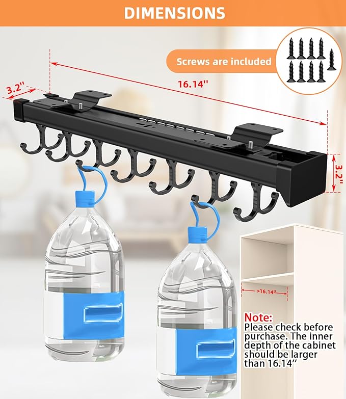 Pull Out Broom Holder With Adjustable Double Row Sliding Hook, Multifunctional Slide Broom And Mop Storage/Organizer Garage Organization Hooks, for Closet Laundry Garage Kitchen - 16.14inch